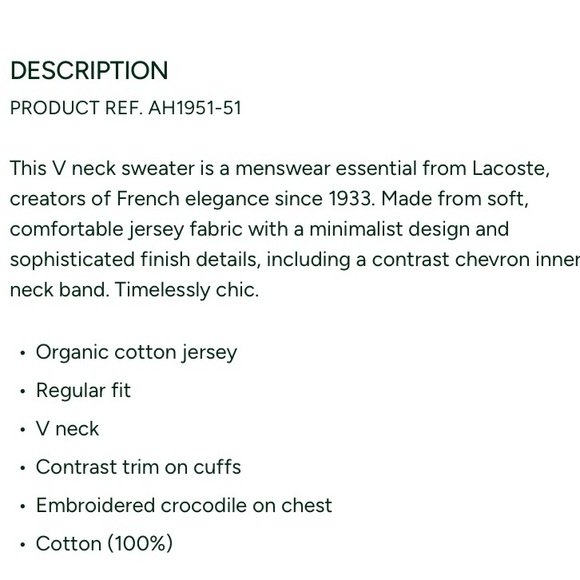 Lacoste V-Neck 100% Cotton Sweater - Picture 10 of 10